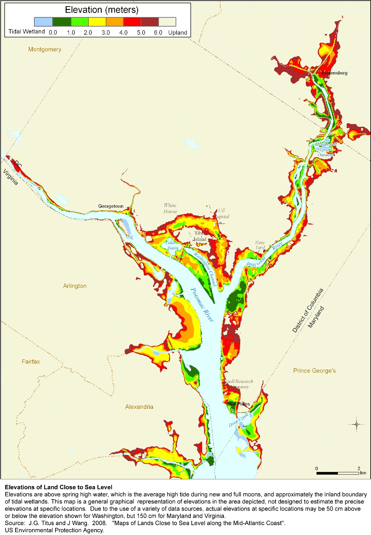 District of Columbia elevation map
